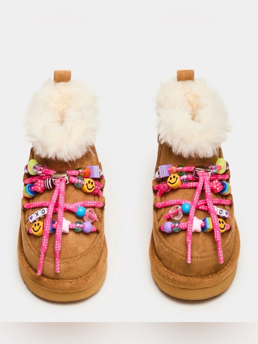 Steve Madden Kids Tan Boot with White Faux Fur and Pink Beaded Laces